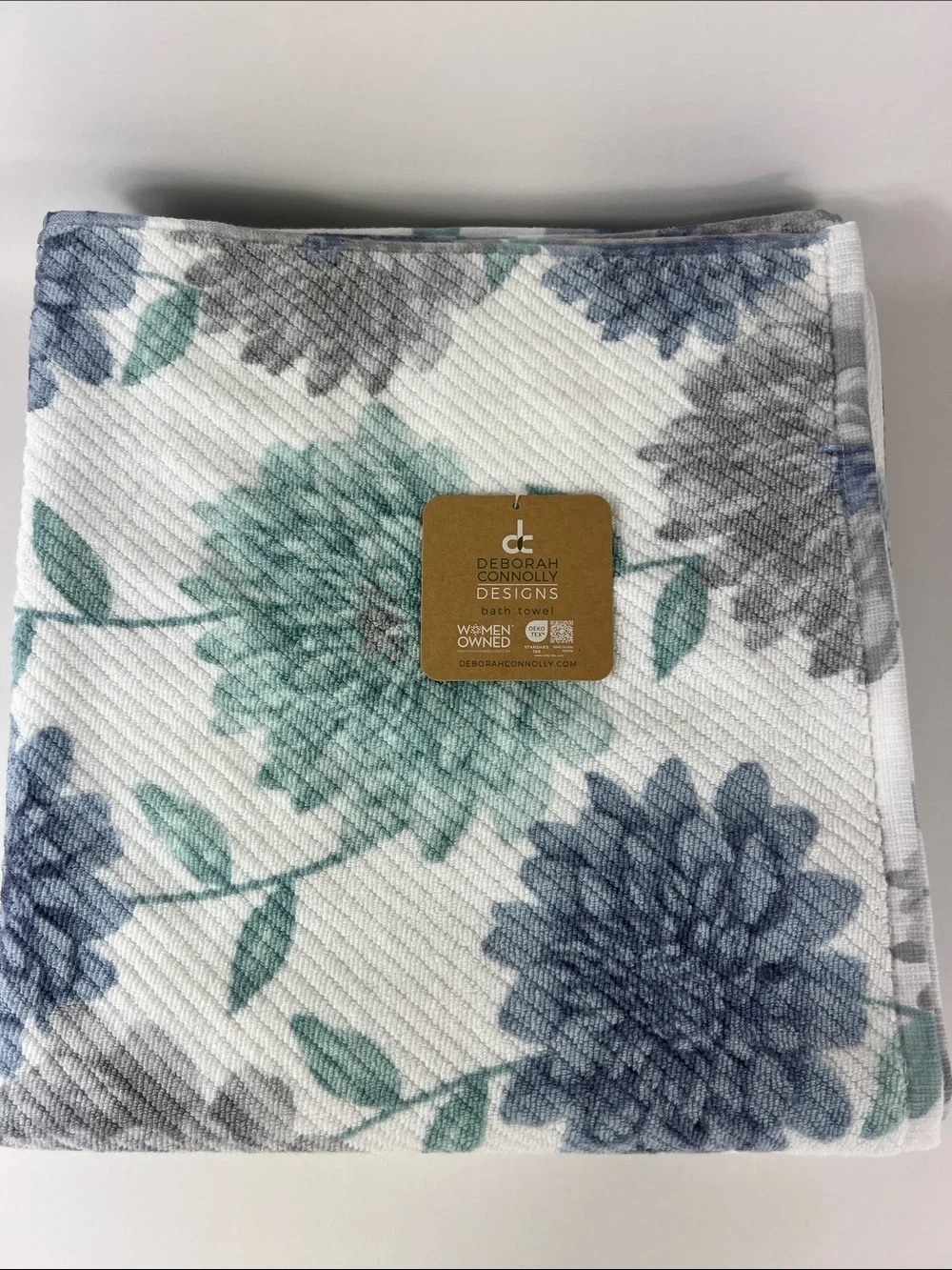 Deborah Connolly Bath Towels Blue White Floral Soft Cotton Set of 2 NEW